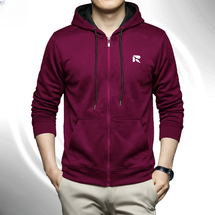 Men's Winter China Hoodie Full Zipper (Dark Maroon) 12483