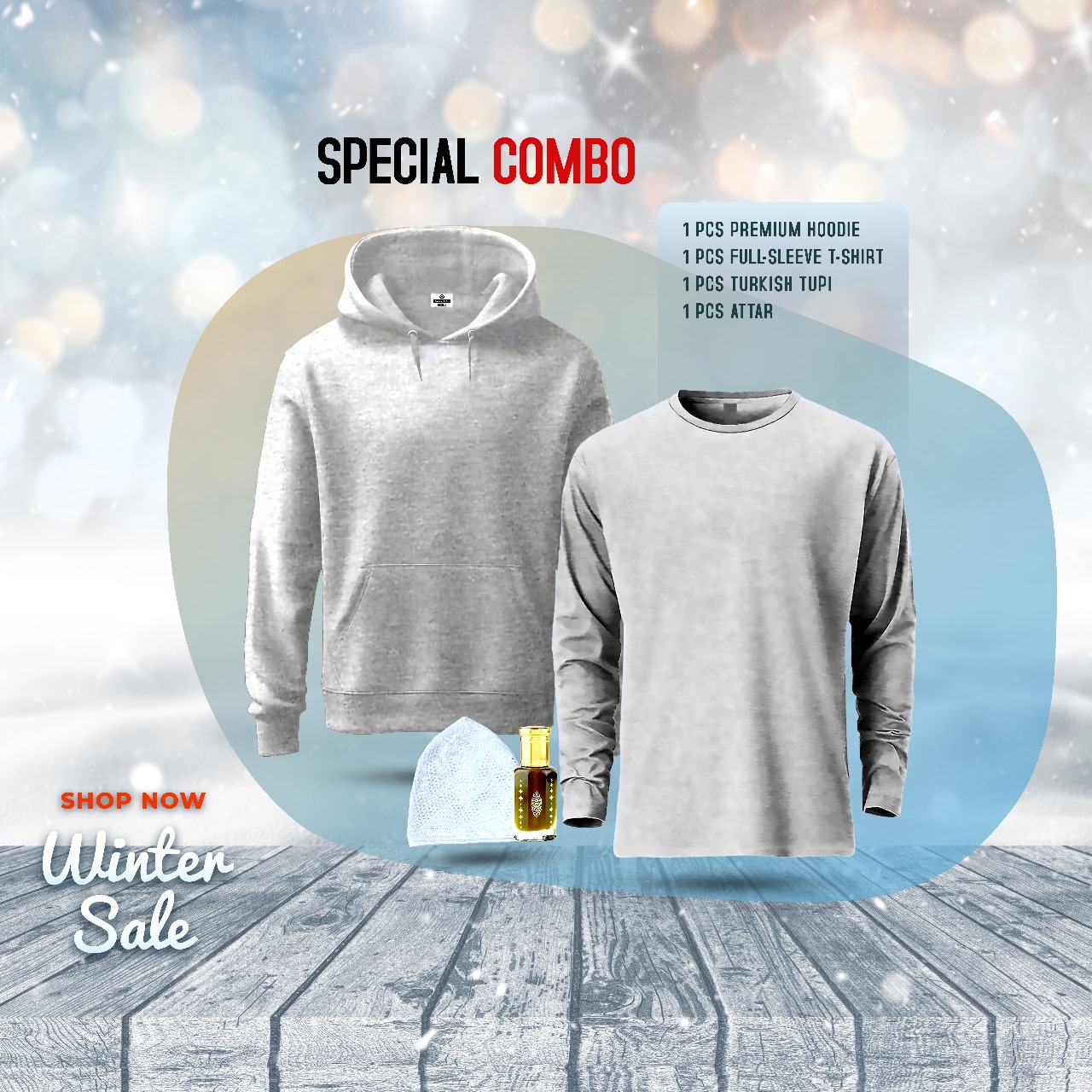 ১টি প্রিমিয়াম হুডি, ১টি প্রিমিয়াম ফুলহাতা টি'শার্ট, ১টি টুপি, ১টি আতর (কম্বো প্যাক) 6394