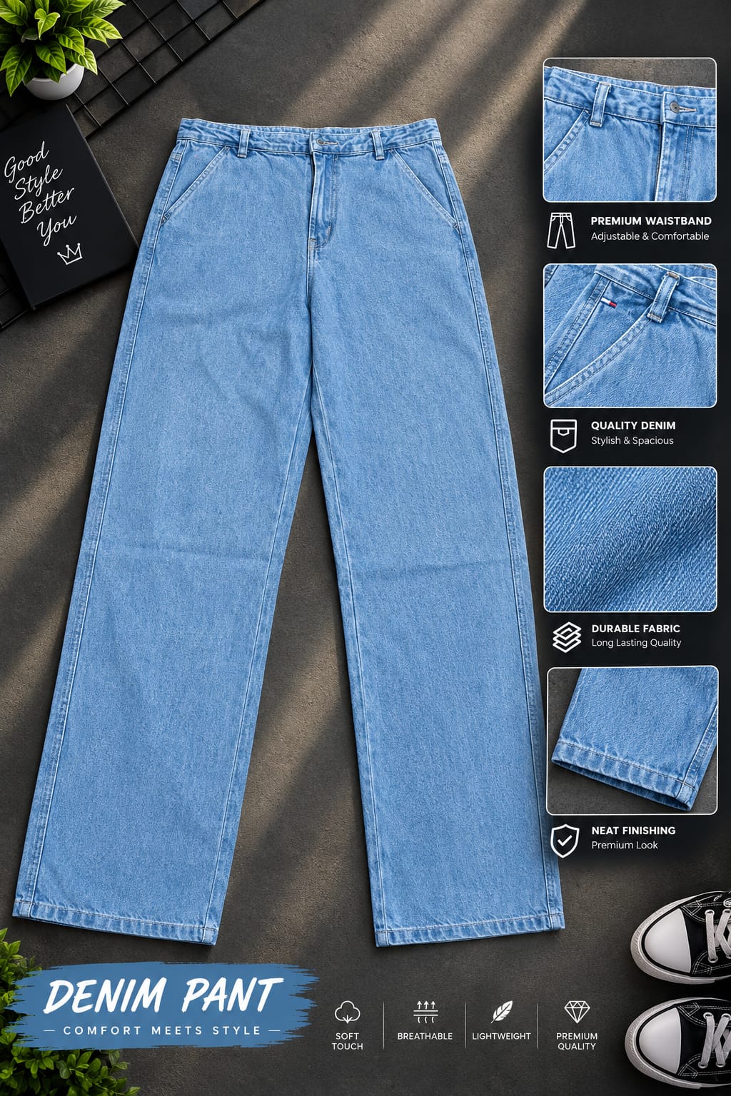 Semi Baggy Cargo Denim Pant (32853)